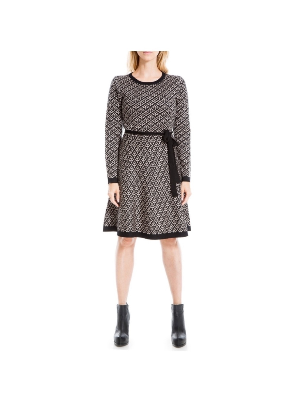Max Studio Black and Cream Patterned Long-Sleeve Fit-and-Flare Dress